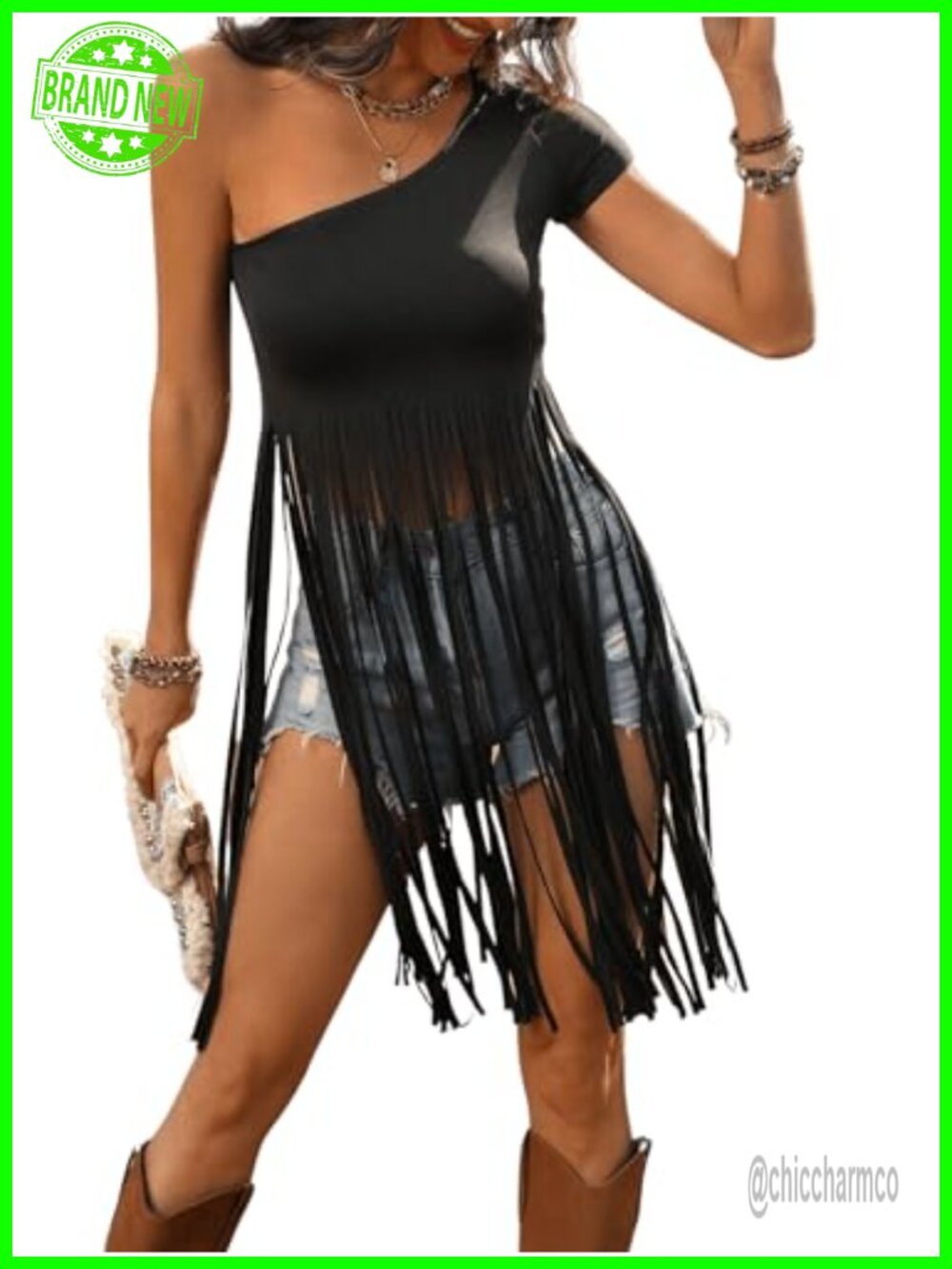 Floerns One Shoulder Fringe Top Short Sleeve Casual Festival Tee
